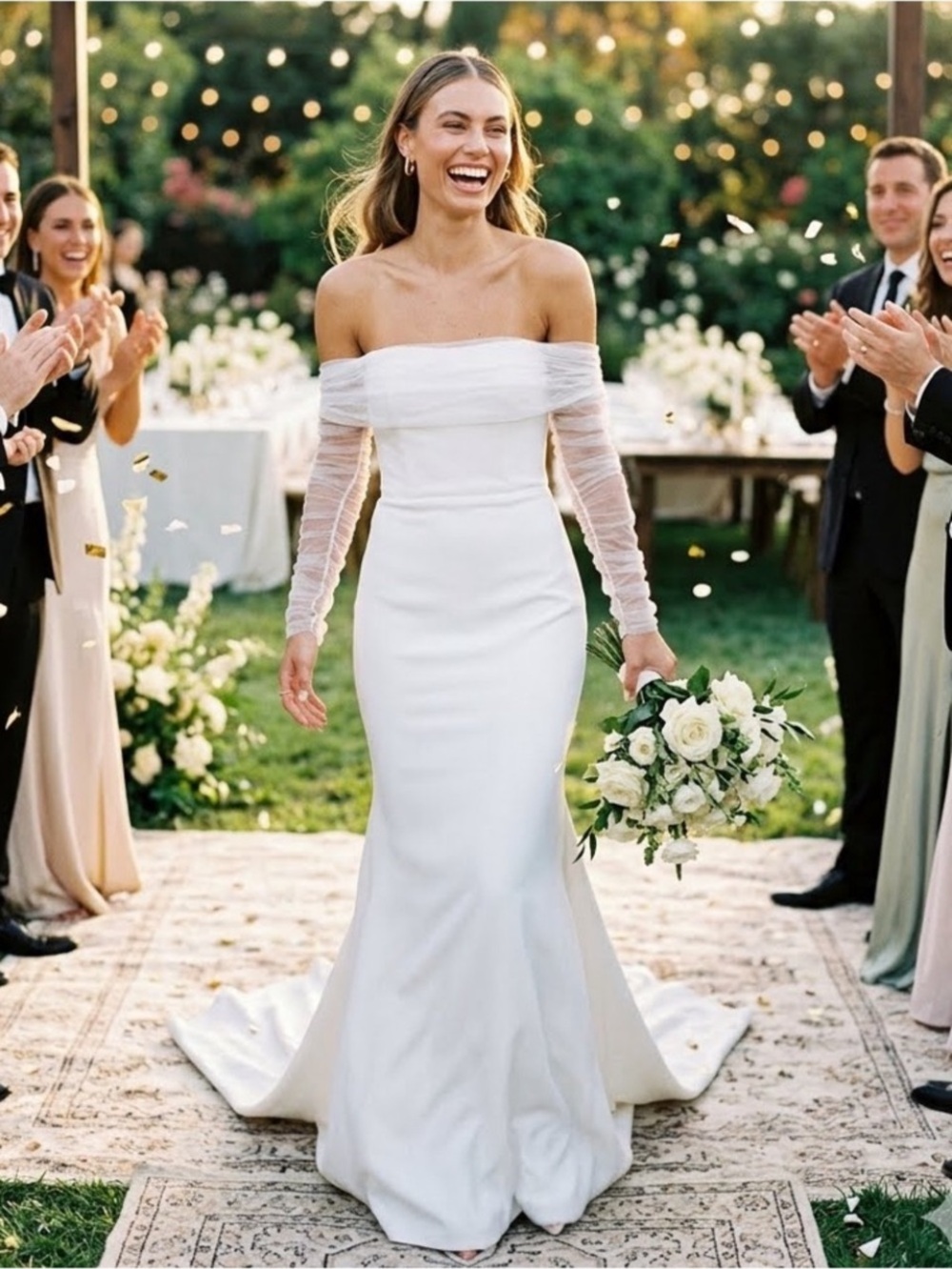 NEW Lulus Eternally beloved Off-Shoulder White Evening Gown beaded Sz Small